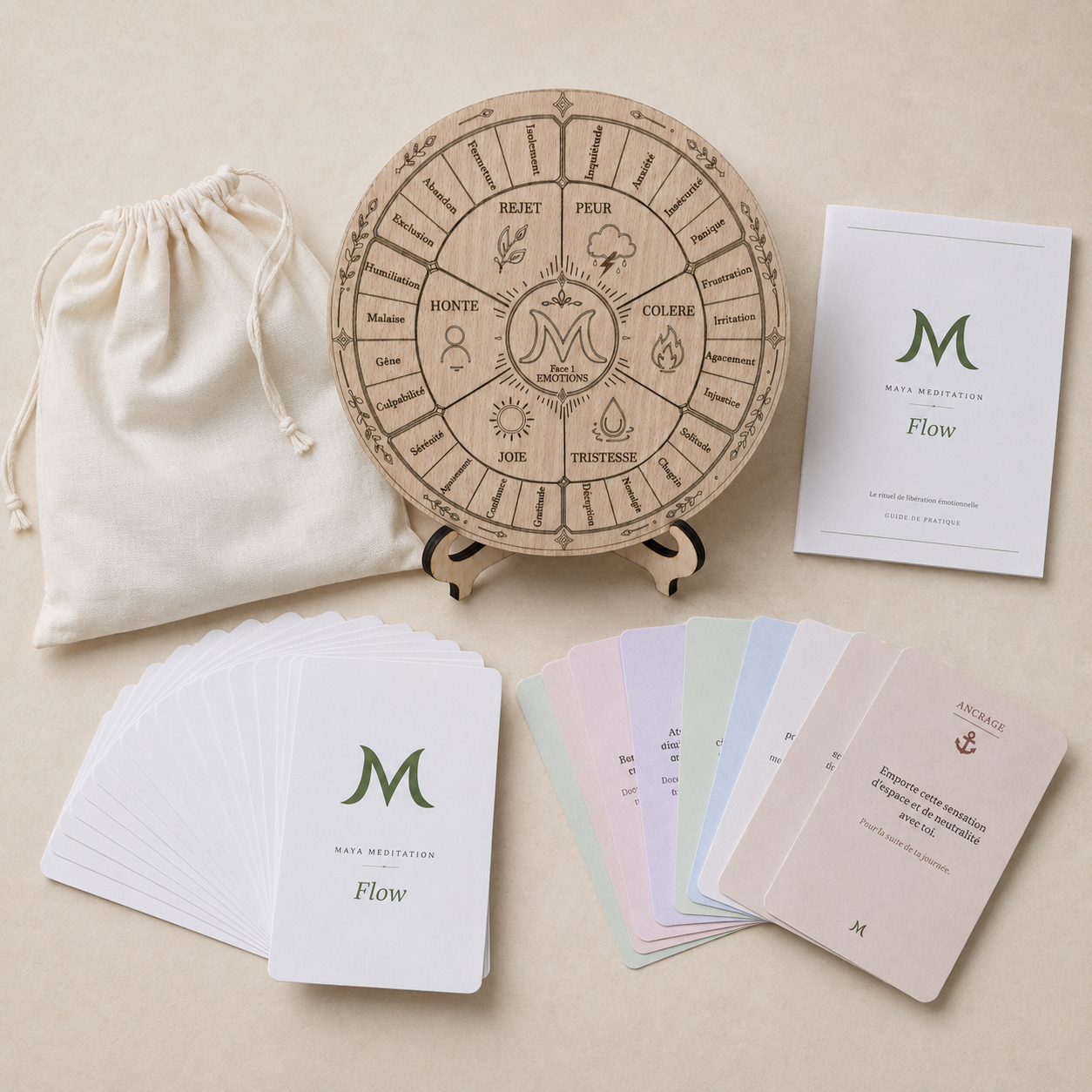 Contenu du coffret Flow : roue, cartes, livret et sac